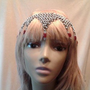 Handmade Chainmail Headpiece Red Agate Drop Z406